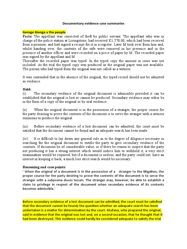 Case Summaries on Documentary Evidence | PDF | Evidence | Breach Of ...
