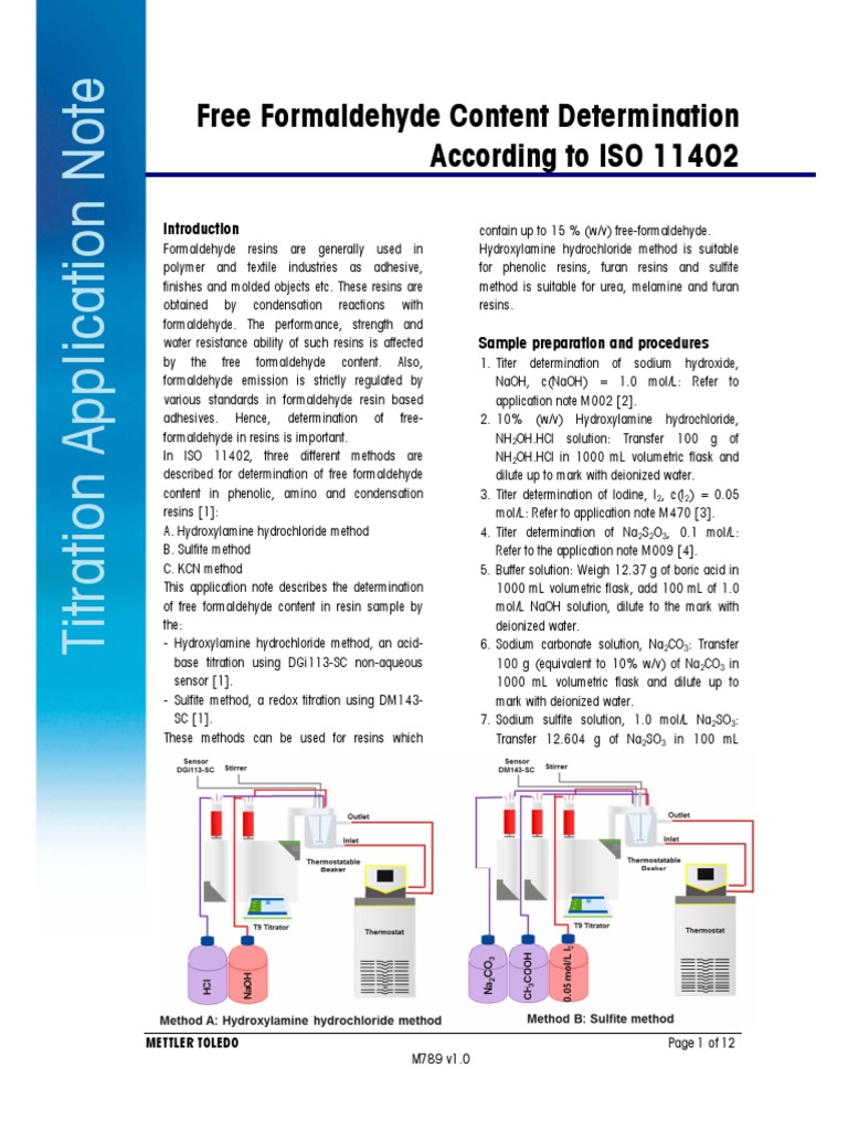 M789 FreeFormaldehyde Content Determination ISO 11402 PDF Chemistry Titration