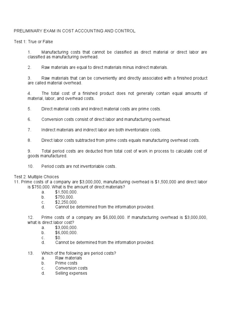 Preliminary Exam in Cost Accounting and Control | PDF | Cost Of Goods ...