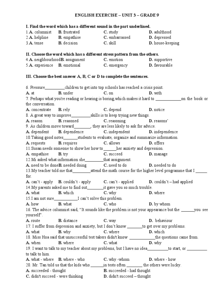 Grade 9 English Exercise Unit 3 | PDF | Learning | Psychology