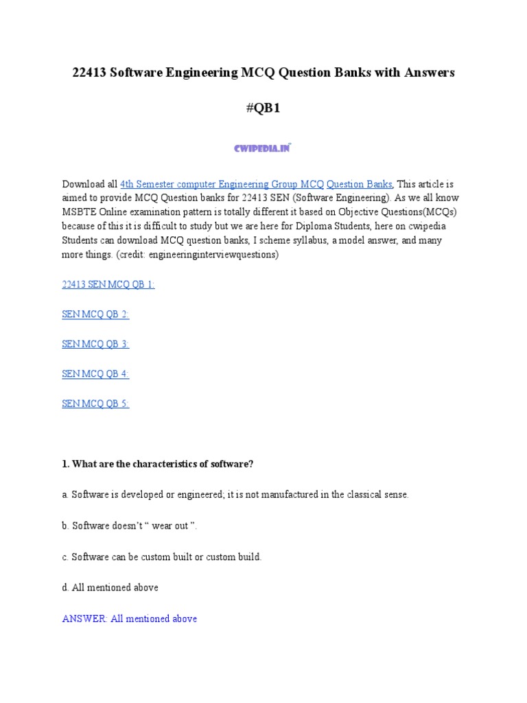 Software Engineering MCQ Question Banks With Answers QB1 PDF