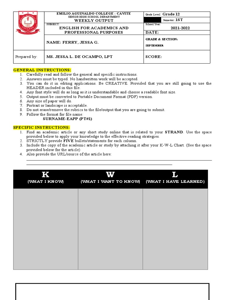 PT 1 KwlChart PDF Rubric (Academic) Cognition