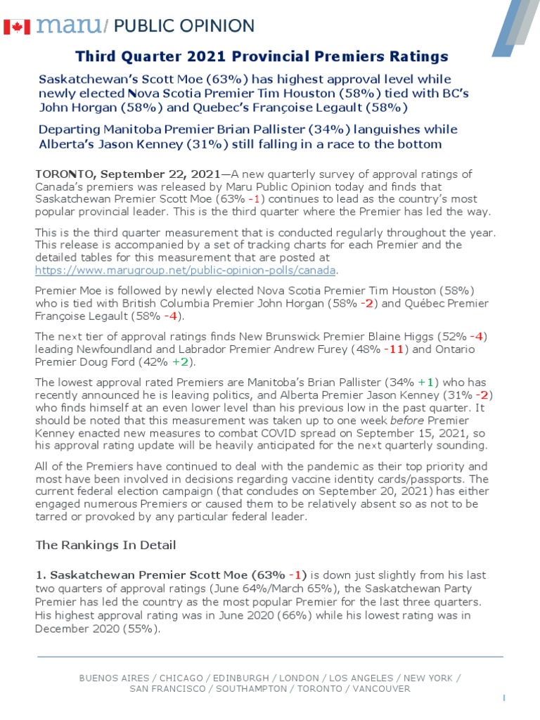 Sept. 22 Maru Public Opinion Premiers' Approval Ratings PDF Quebec