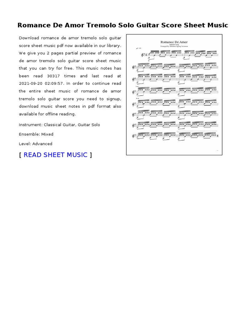 Romance de Amor Tremolo Solo Guitar Score Sheet Music | PDF | Sheet ...