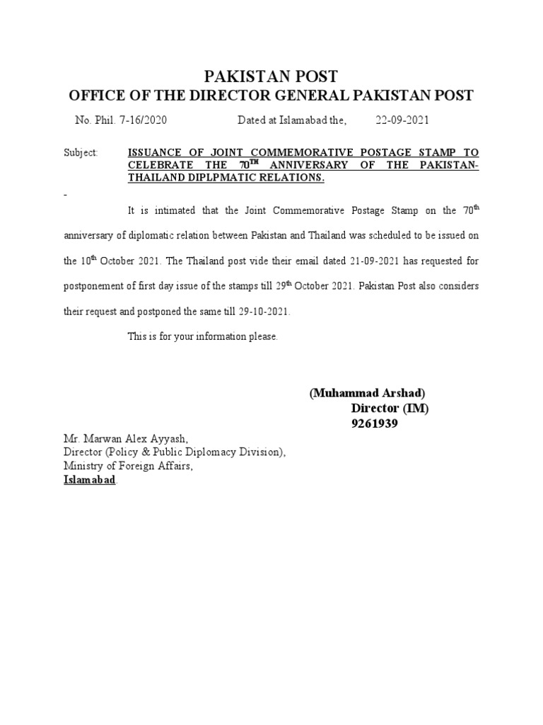 Office of The Director General Pakistan Post | PDF