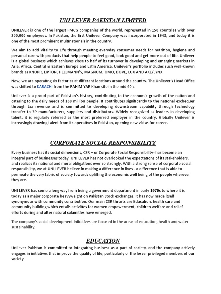 Csr Of Unilever Final Pdf Corporate Social Responsibility World