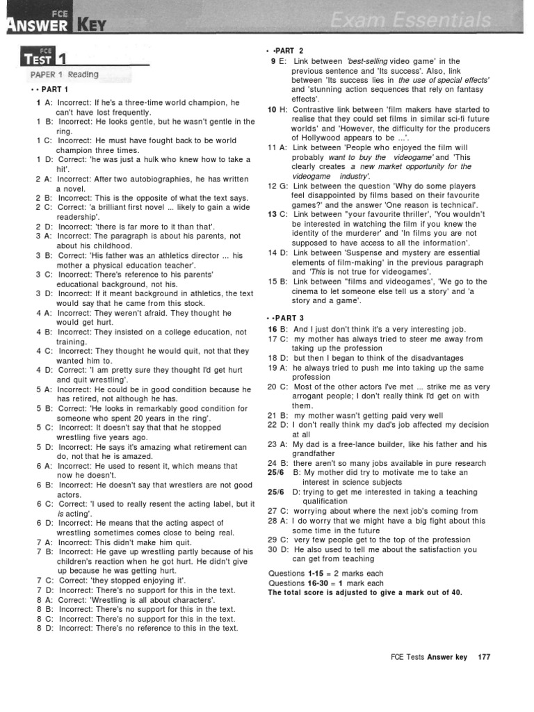 FCE Test Answer Key Overview | PDF | Verb | Adjective