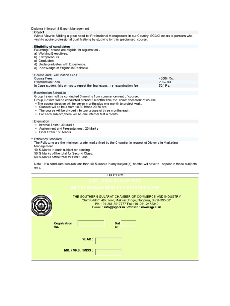 Diploma in Import & Export Management | PDF | Qualifications | Test ...