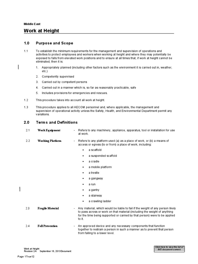 Work at Height: 1.0 Purpose and Scope | PDF | Scaffolding | Safety
