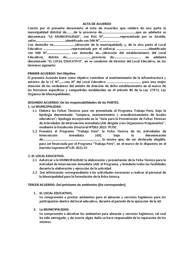ACTA de ACUERDO - Modelo - Locales Educativos | PDF