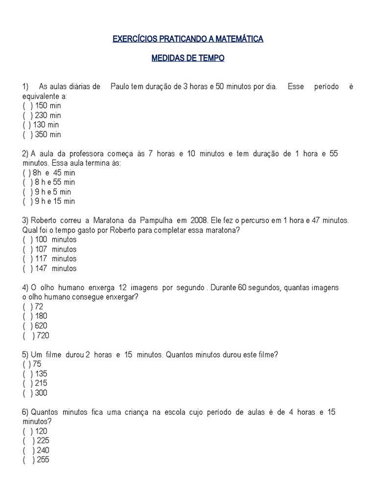 Exercícios de Medidas de Tempo 6º Ano | PDF | Tempo