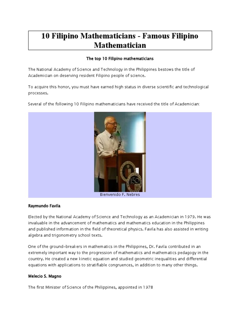 10 Filipino Mathematicians PDF Mathematics Science