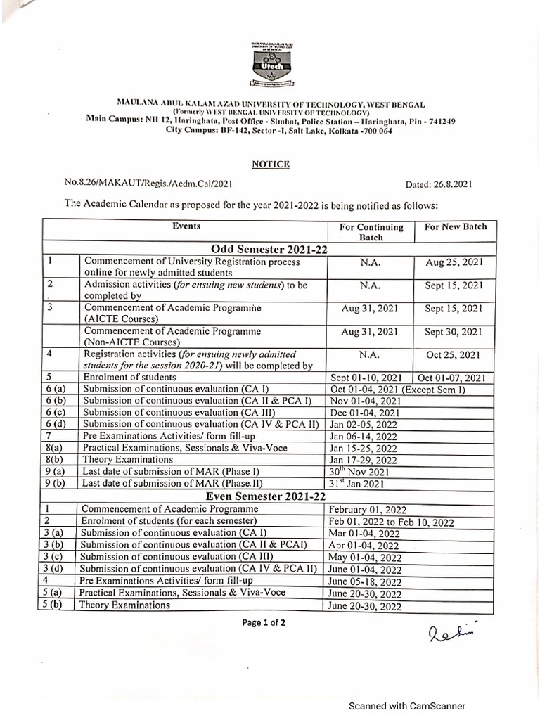 Makaut AcademicCalendar202122 PDF