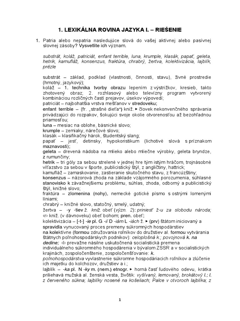 Lexikálna Rovina Jazyka I. - RIEŠENIE | PDF