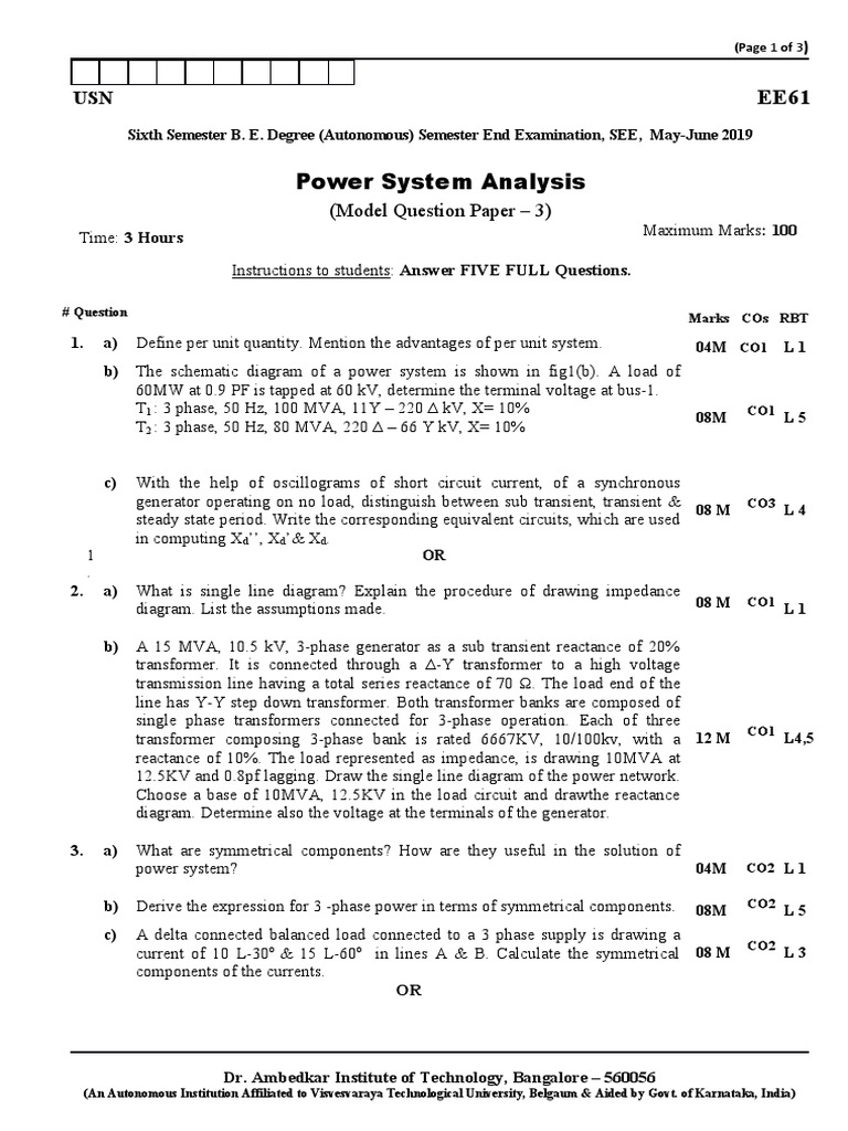 Power System Analysis Model Question Paper with Numerical Problems on
