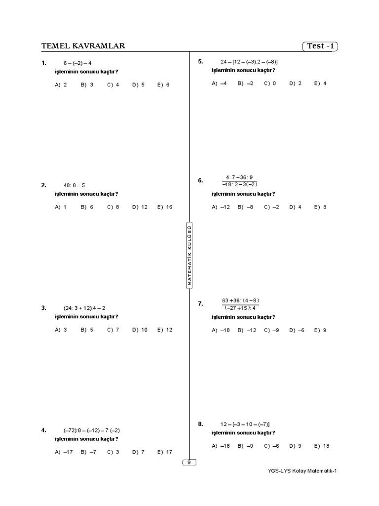 Temel Kavramlar Test 1 Caganogretmen Com | PDF