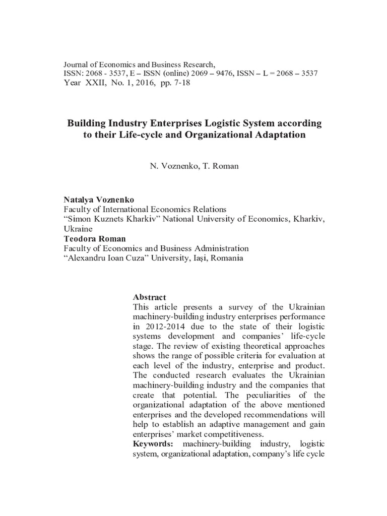 Building Industry Enterprises Logistic System According To Their Life Cycle And Organizational Adaptation Pdf