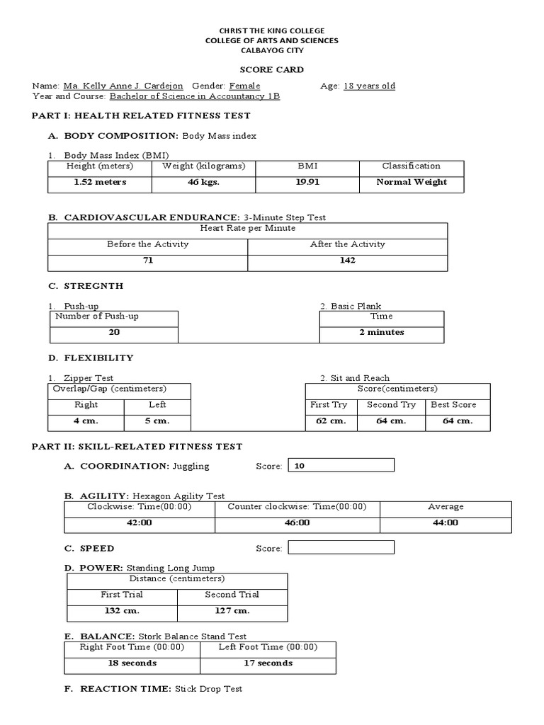Physical Fitness Test Scorecard | PDF | Body Mass Index | Recreation
