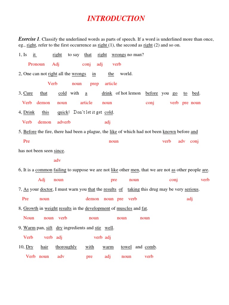 Exercise 1. Classify The Underlined Words As Parts of Speech. If A Word