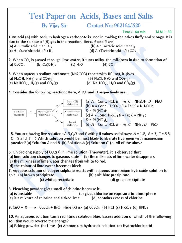 Acids, Bases, and Salts Test Paper | PDF | Acid | Chlorine