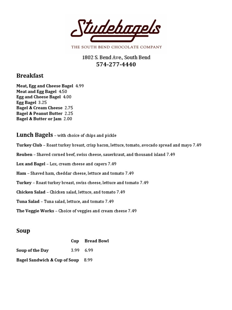 Studebagels Menu Overview South Bend | PDF