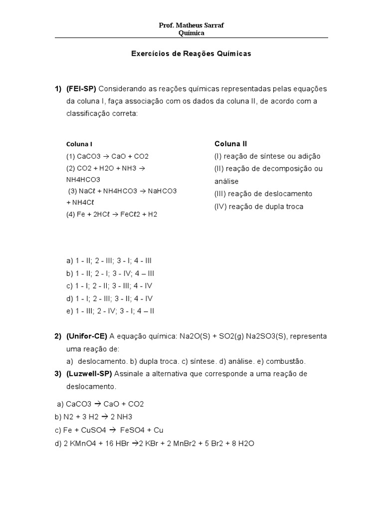 Exercícios sobre Reações Químicas 9º Ano | PDF | Reações químicas ...
