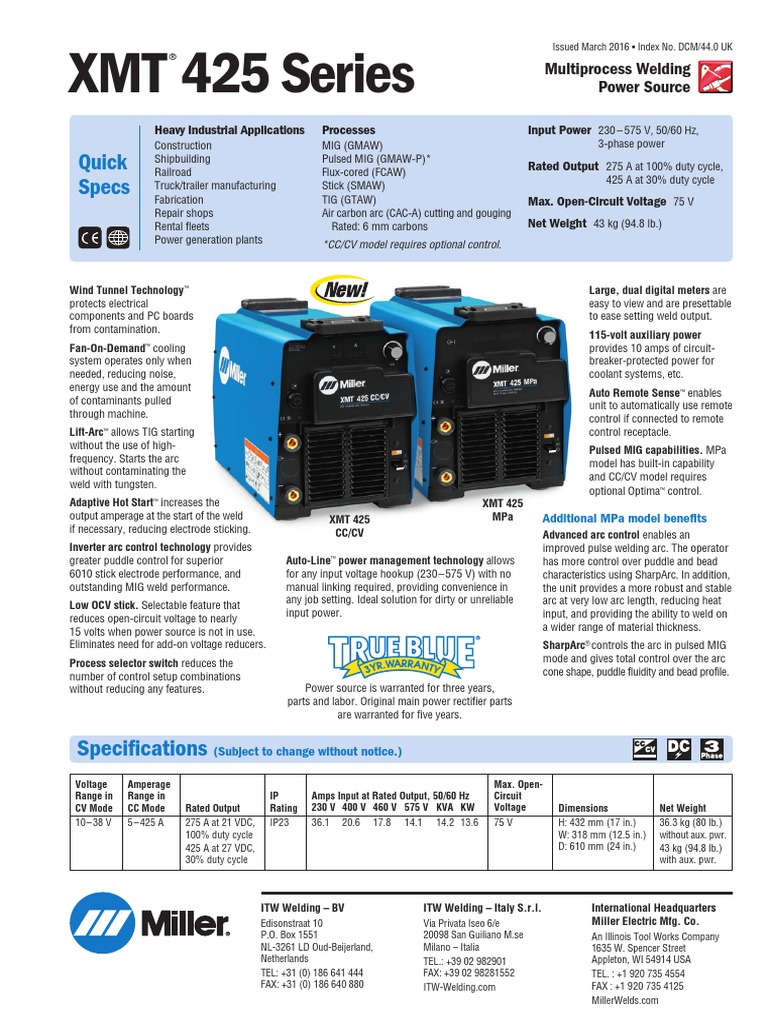 XMT 425 Series: Quick Specs | PDF | Welding | Construction