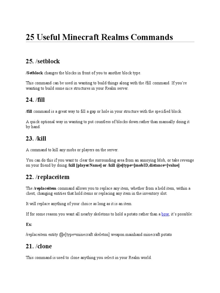 25 Useful Minecraft Realms Commands: 25. /setblock | PDF | Minecraft