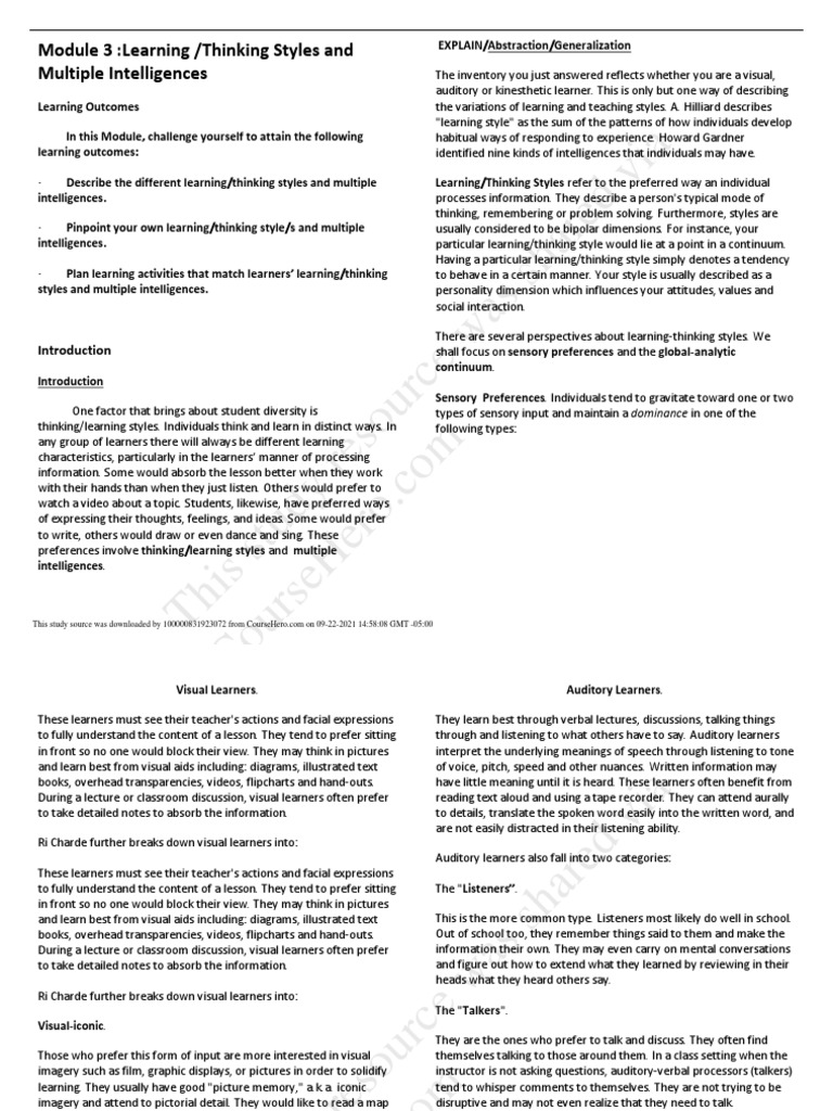 This Study Resource Was Shared Via Module 3 Learning Thinking Styles