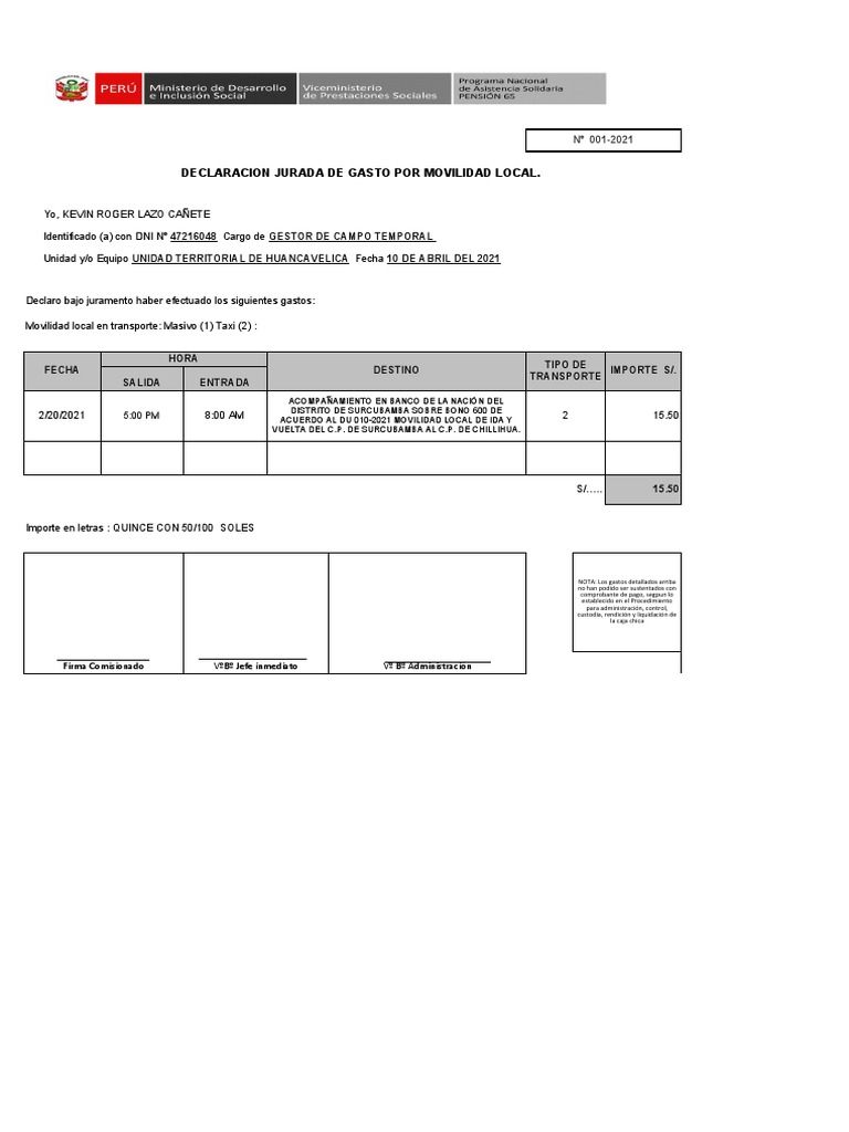 Declaración Jurada de Gastos de Movilidad | PDF