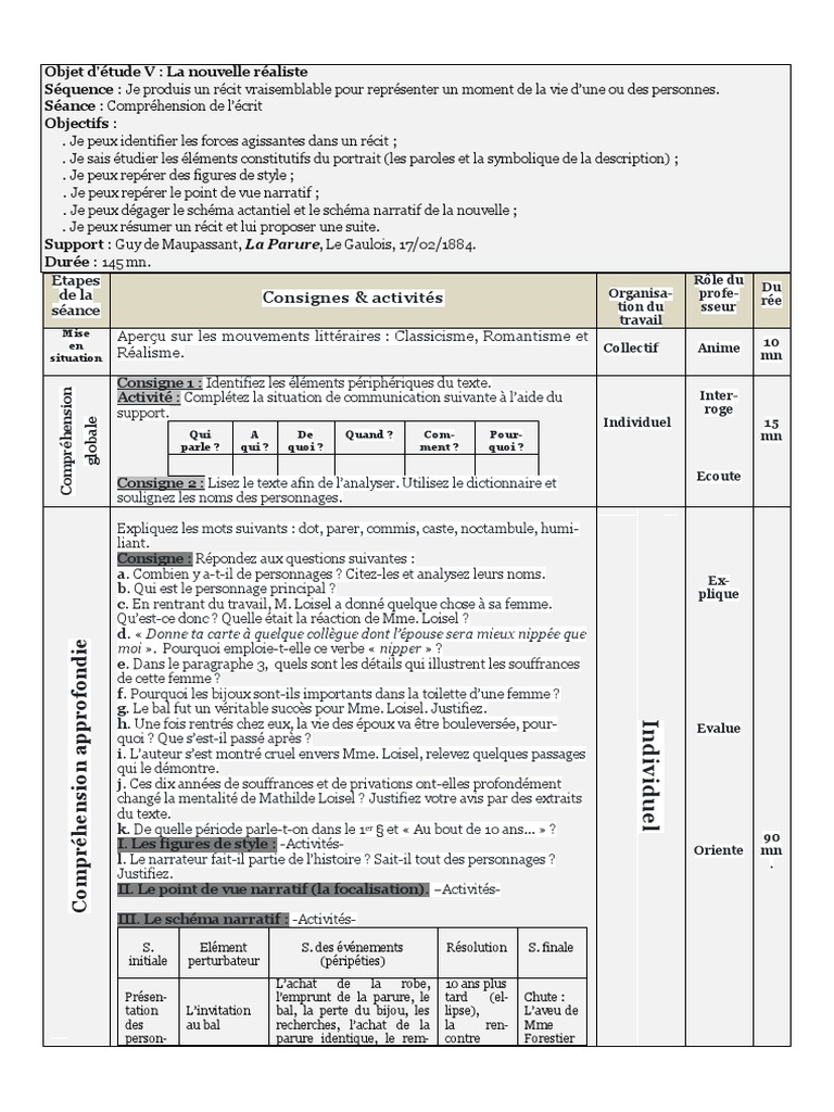 La Parure Fiche De Lecture Pdf 1AS-L Projet 4 Fiche Pédagogique La Parure | PDF