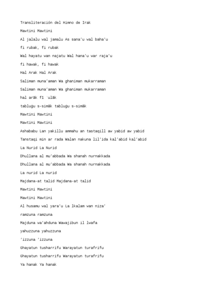 Transliteración del Himno de Irak | PDF