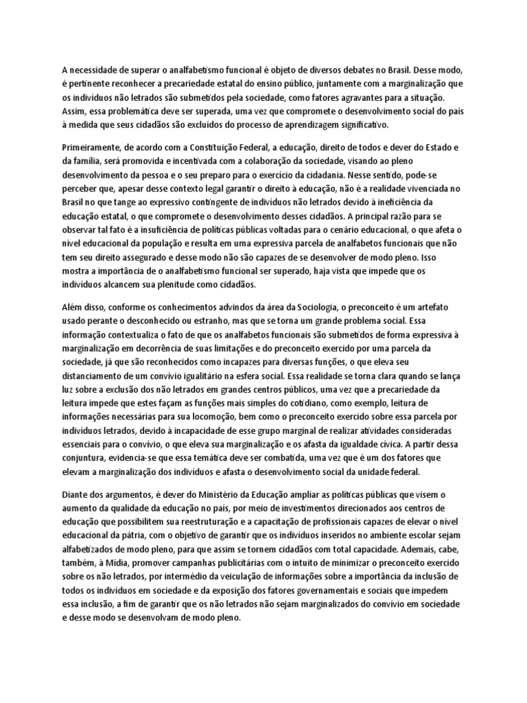 REDAÇÃO Analfabetismo Funcional | PDF | Alfabetização | Cidadania