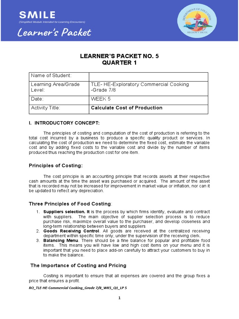 Learner'S Packet No. 5 Quarter 1 | PDF | Cost | Prices