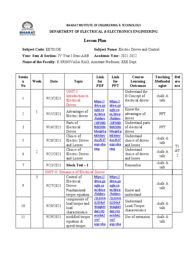 Electric Drives Lesson Plan Overview | PDF | Power Inverter ...