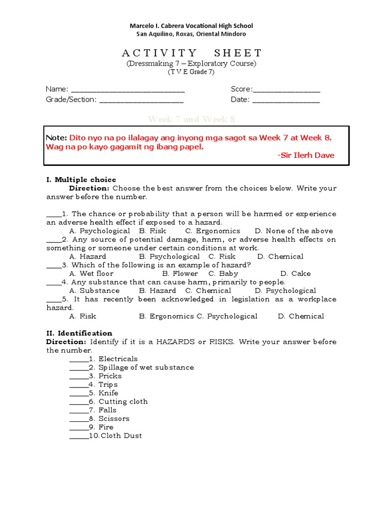 Activity Sheets Grade 7 (Week 7 and 8) | PDF | Sewing | Sewing Machine