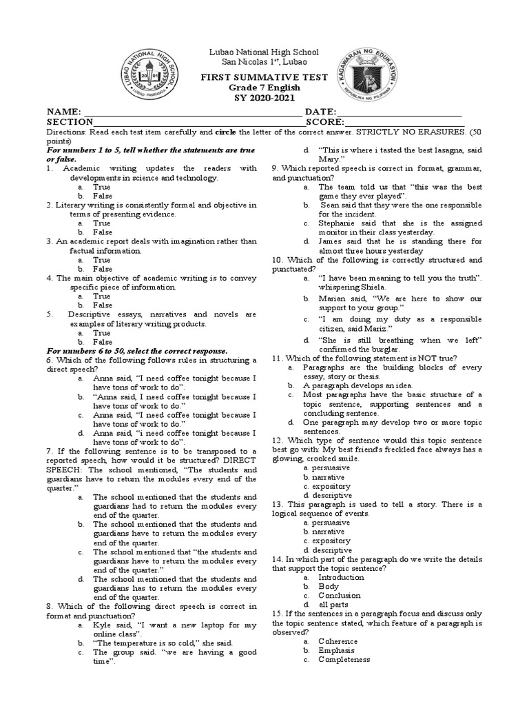 Grade 7 English Summative Test | PDF | Neil Armstrong | Linguistics