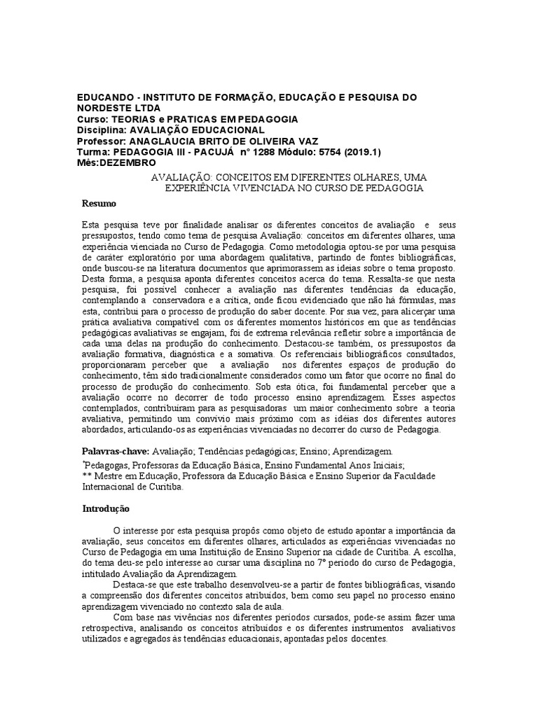 Avaliação Educacional: Conceitos e Práticas | PDF | Aprendizado | Pedagogia