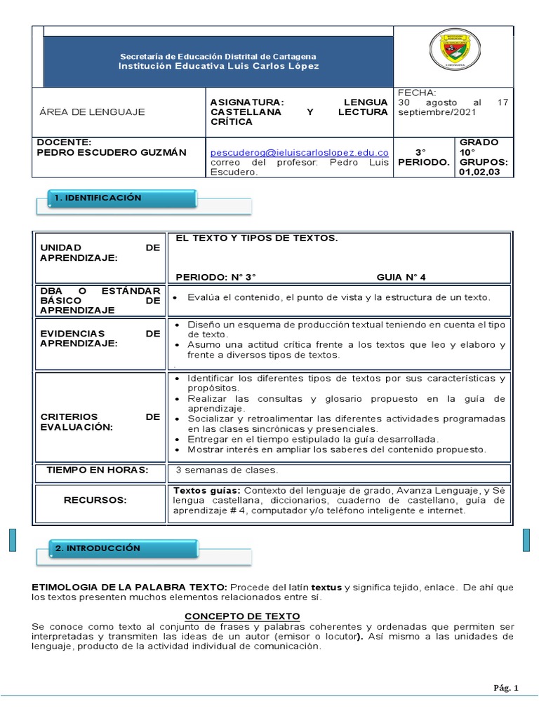 Guía #4 El Texto y Tipos de Textos Grado 10mo 2021 | PDF | Comunicación ...