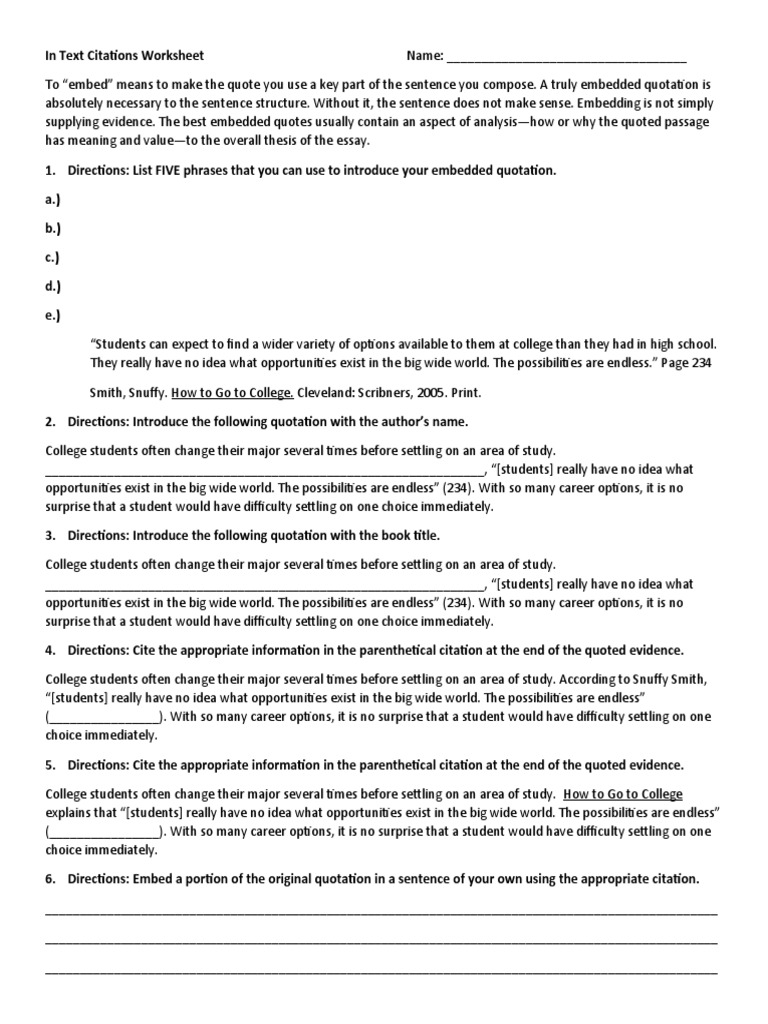 In Text Citations Worksheet | PDF | Citation | Cognition