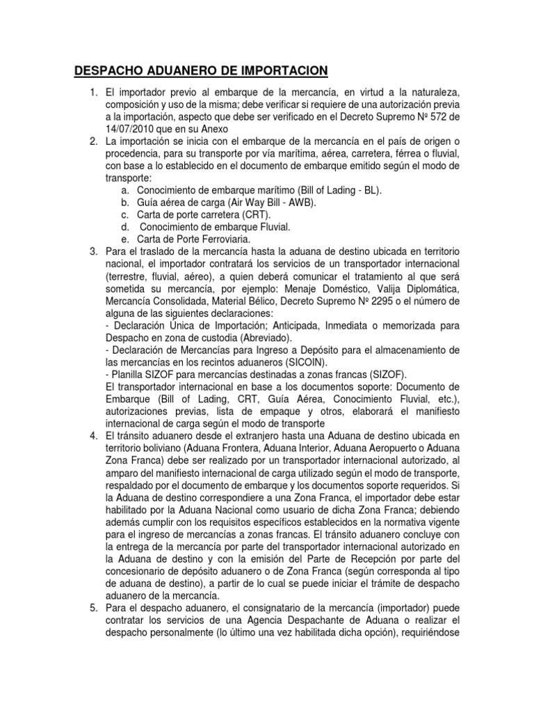 Despacho Aduanero De Importacion Pdf Aduana Transporte
