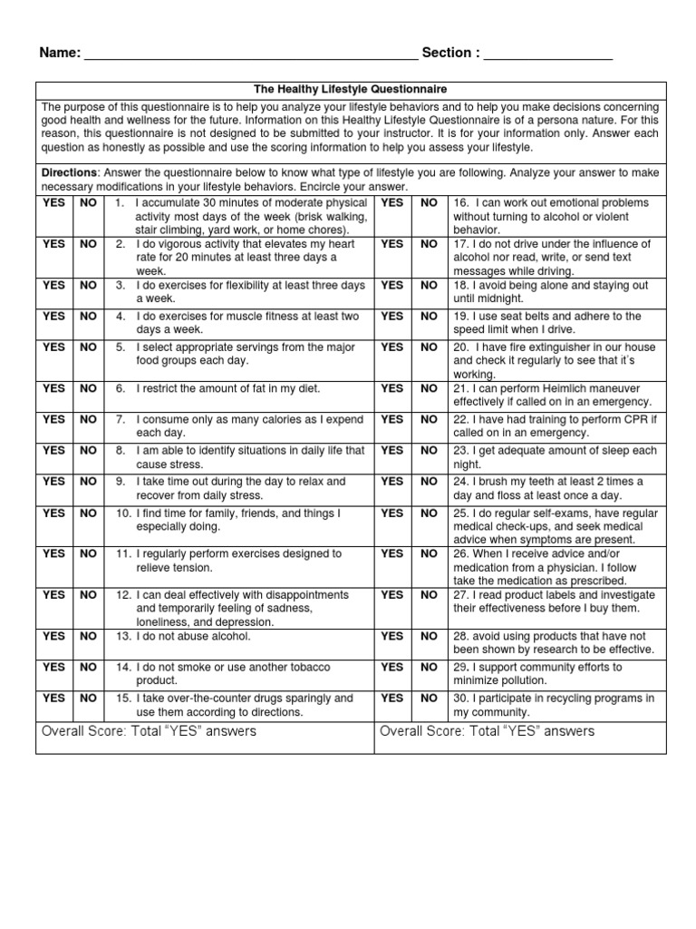 Healthy Lifestyle Assessment Questionnaire | PDF | Health Care | Psychology