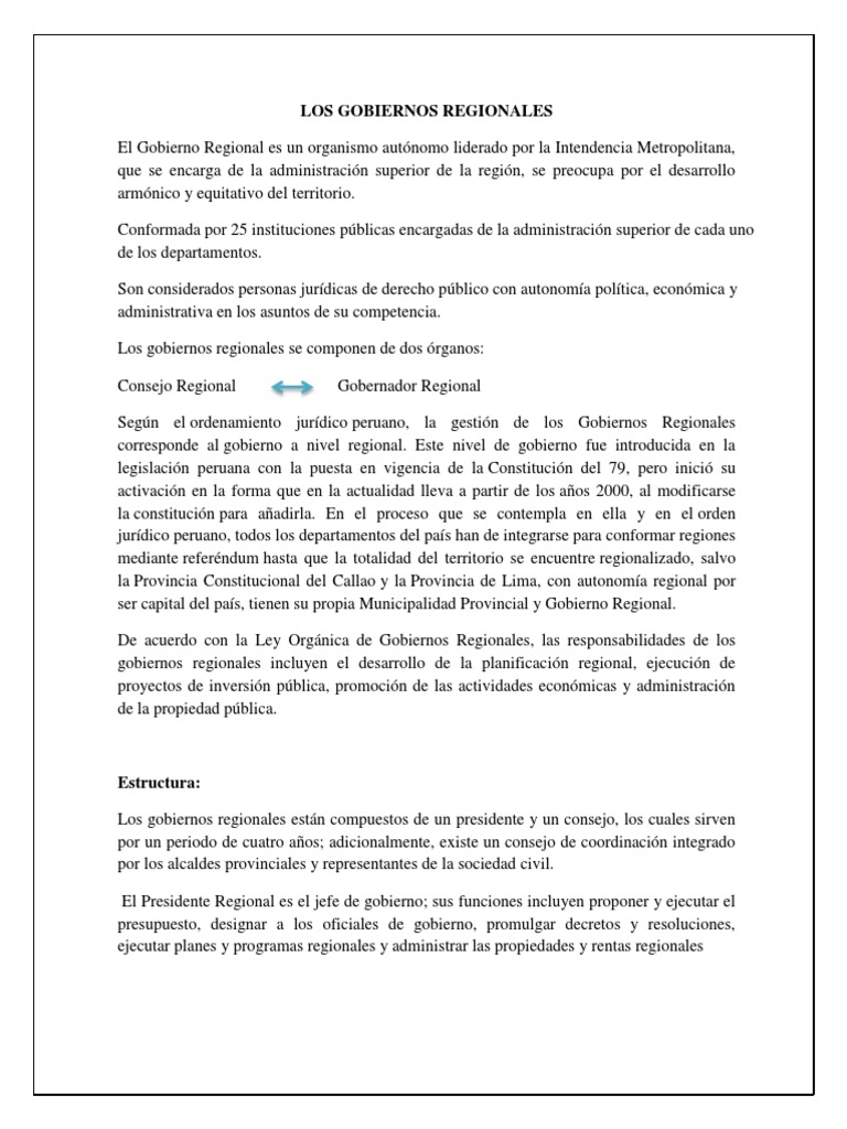 La estructura y funciones de los gobiernos regionales en Perú | PDF ...