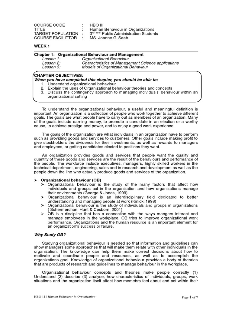 Week 1 Chapter 1: Organizational Behaviour and Management | PDF ...