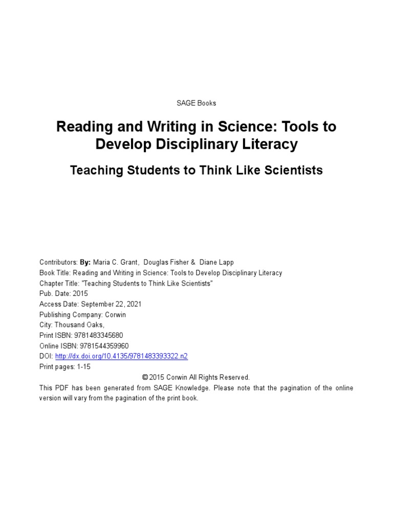 Reading and Writing in Science: Tools To Develop Disciplinary Literacy ...