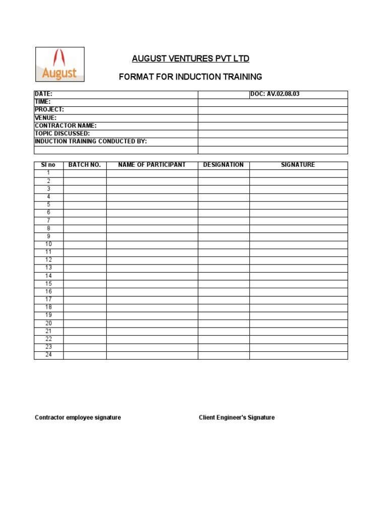 August Ventures PVT LTD Format For Induction Training | PDF