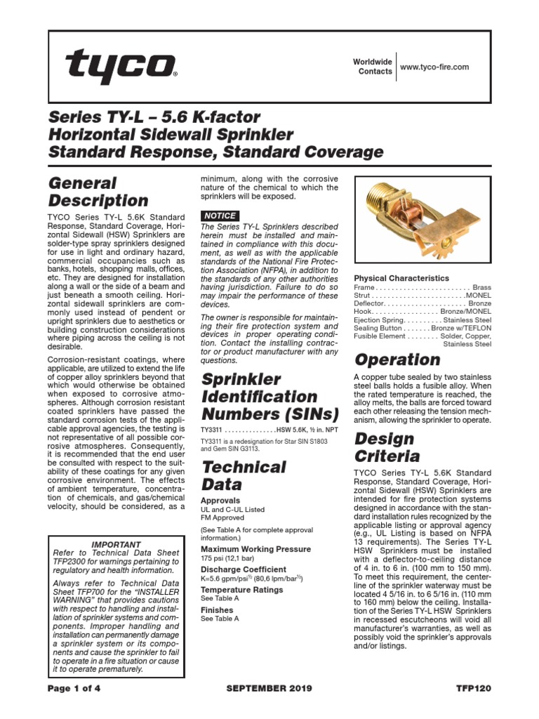 Series TYL 5.6 KFactor Horizontal Sidewall Sprinkler Standard