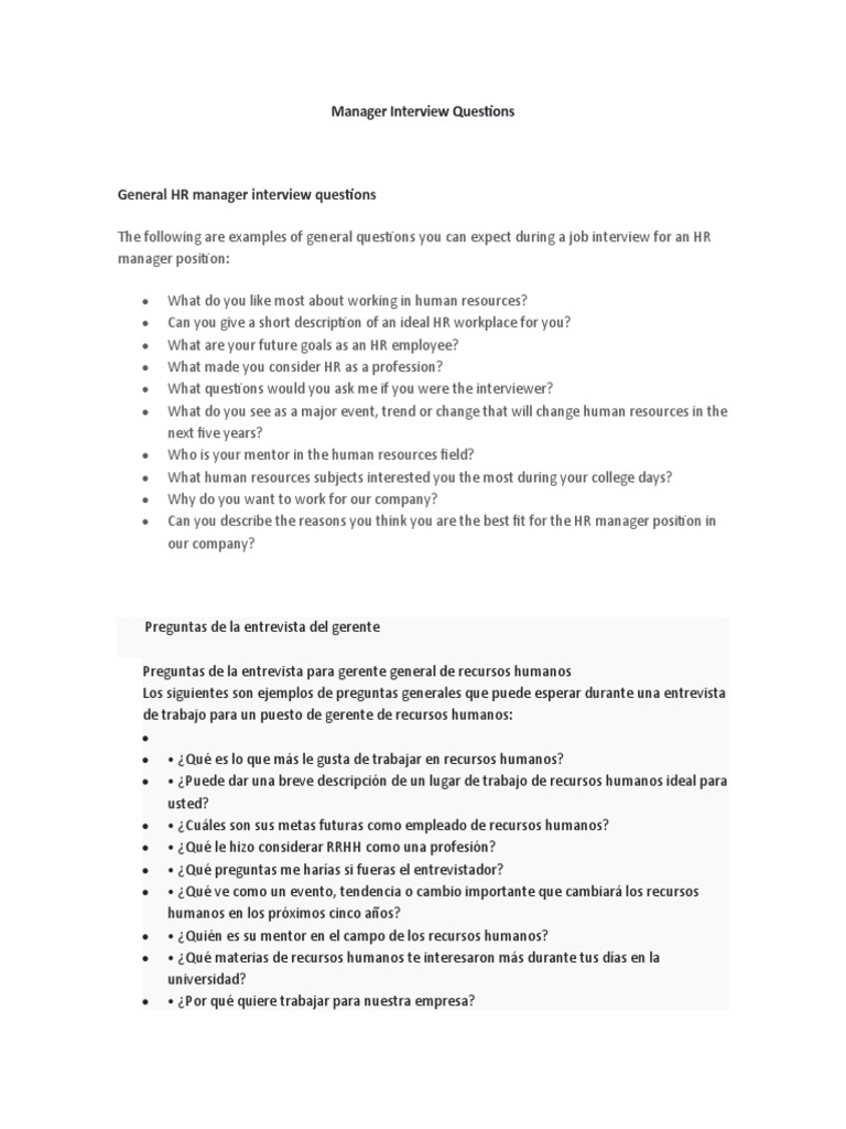 Preguntas para entrevistas de gerentes HR | PDF | Crecimiento personal ...