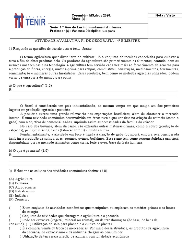 Avaliação de Geografia sobre Agricultura, Pecuária e suas Matérias ...