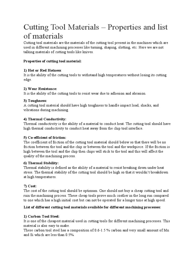 Cutting Tool Materials Properties and List of Materials PDF Steel
